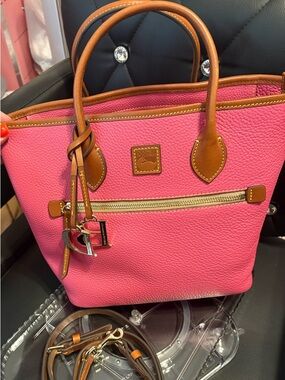 Dooney & Bourke Pink Pebbled Leather Tote with Tan Accents